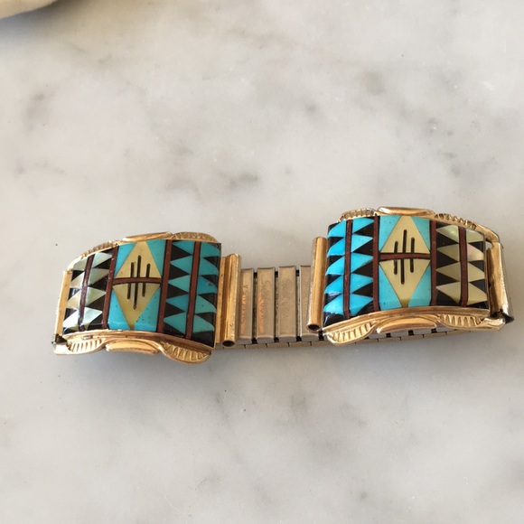 Vintage 14K Gold Native American Zuni Watch Tips Artist Signed Walley - Picture 4 of 11